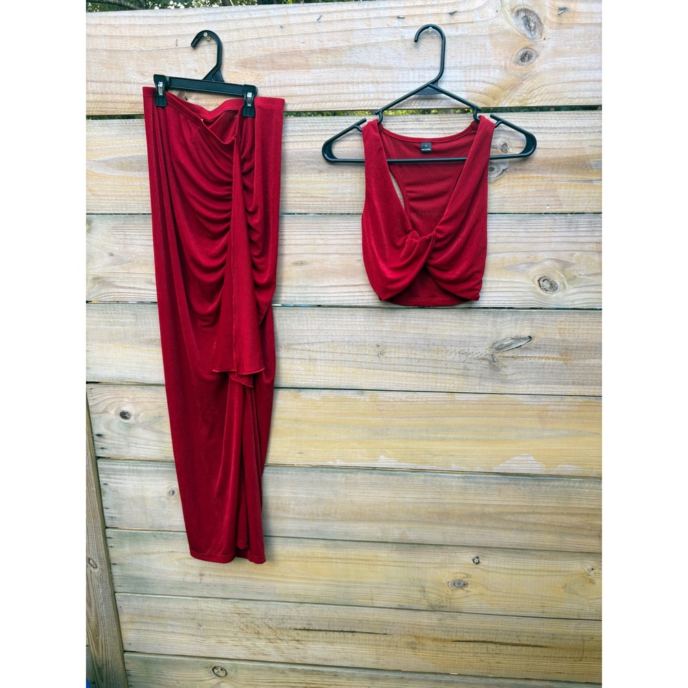 Red Ribbed Knit 2 Piece Set Twist Front Crop Top & Ruched Draped Maxi Skirt S